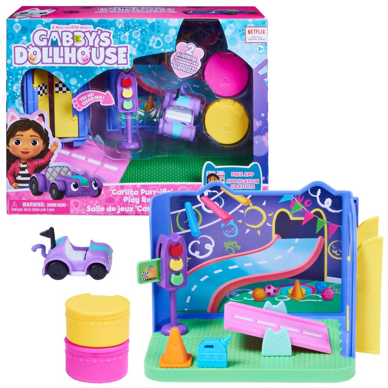Gabby-s-Dollhouse--Stanza-dei-giochi-Carlita-Purr-ific-con-la-macchinina-giocattolo-Carlita-accessori