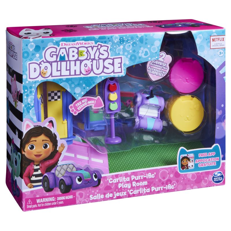 Gabby-s-Dollhouse--Stanza-dei-giochi-Carlita-Purr-ific-con-la-macchinina-giocattolo-Carlita-accessori
