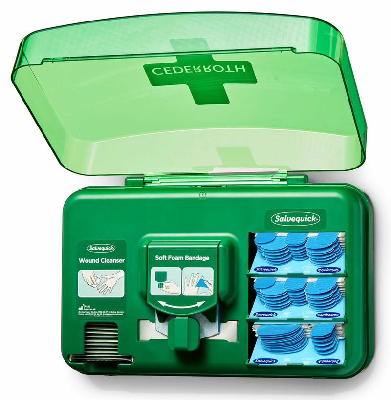 Dispenser-per-la-cura-delle-ferite-Cederroth---Include-diverse-misure-di-medicazioni-blu-salviette-per-ferite-e-bende-autoadesive