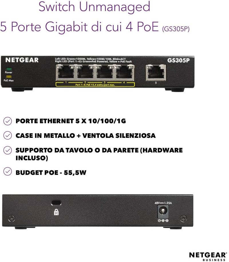 NETGEAR-GS305P-Non-gestito-Gigabit-Ethernet--10-100-1000--Supporto-Power-over-Ethernet--PoE--Nero