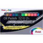 Pastelli a olio Pentel Confezione da 12 Pastelli a olio - 6 metallizzati e 6 fluorescenti - Morbidi cremosi e ad asciuga