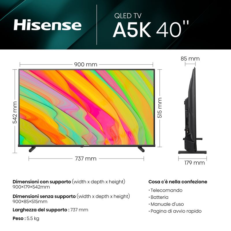 Hisense-TV-QLED-FHD-40”-40A5KQ-Smart-TV-Wifi-Quantum-Dot-Colour-USB-Type-C-Stand-Reclinabile