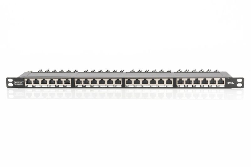 CAT-6A-Class-EA-patch-panel---shielded---0.5U-24-port-RJ45---incl.-dust-cover---8P8C---Black