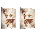 Lupia - Separe' Divisorio Paravento WORLD'S MAP BROWN 176x135,6x3,2 cm 3 Ante in Legno con Tela stampata Fronte Retro bifacciale