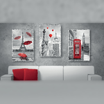 Lupia - Set 3 quadri moderni in legno con argento Mondie' Paris London New York cm 31X46 CITY RED