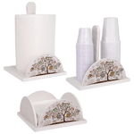 Lupia - Set 3 pezzi NEW Porta Bicchieri, Porta Tovaglioli e Porta Rotolo in legno Albero della vita Shabby WHITE Tree White