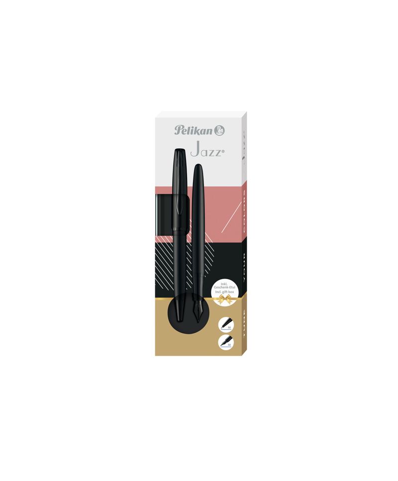 Pelikan-Set-Penna-Sfera-e-Stilografica-Jazz-Noble-Elegance-In-Metallo-Carbon-Inchiostro-Blu-con-Clip-Elastica-in-Elegante-Astuccio-Regalo