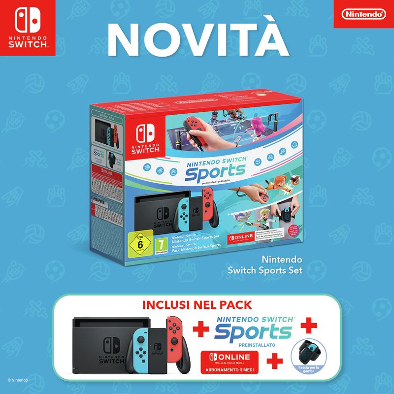 Nintendo-Switch-con-Joy-Con-Rosso-Neon-e-Blu-Neon---Switch-Sports---fascia-per-la-gamba---Tre-mesi-di-Switch-Online