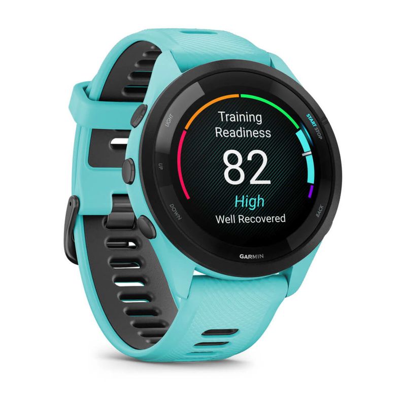 GARMIN-Forerunner-265-acqua-marina-cinturino-silicone-con-SCALDACOLLO-art-010-02810-12