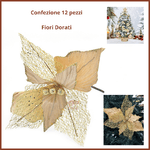 Confezione 12 Fiori natalizi per albero di natale fiore con gambo  dorato oro con retina decorazioni natalizie  vintage addobbi centrotavola