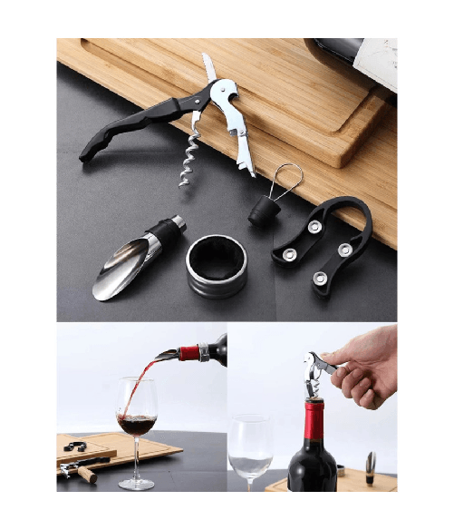 Trade Shop Traesio-set Vino 5in1 Cavatappi Apribottiglie Multifunzione Anello Antigoccia Tappo Versatore -