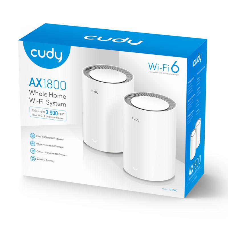 Cudy-M1800-Confezione-da-2-sistemi-WiFi-6-Mesh-AX1800-Dual-Band---1201Mbps-in-5GHz-574Mbps-in-24GHz---1x-Porta-LAN-1000-