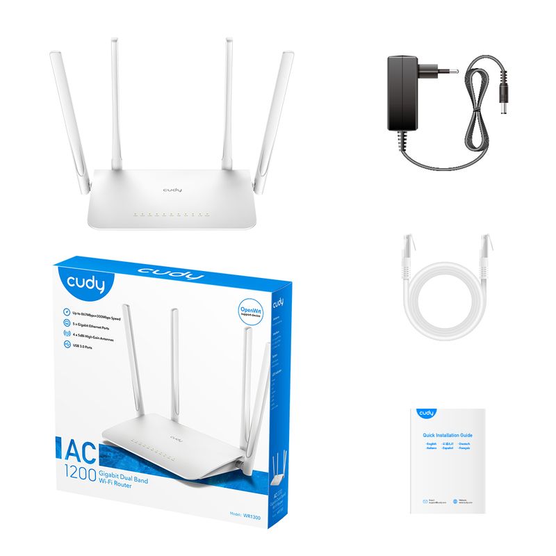 Cudy-WR1300-Router-WiFi-Intelligente-AC1200-Dual-Band---1x-Porta-Wan-1000-100-10-Mbps-e-4x-Porte-Lan-1000-100-10-Mbps---