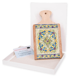 Lupia - Bomboniera con Scatola bianca TAGLIERE in legno con vetro stampato MAIOLICA BEIGE 12x21 cm