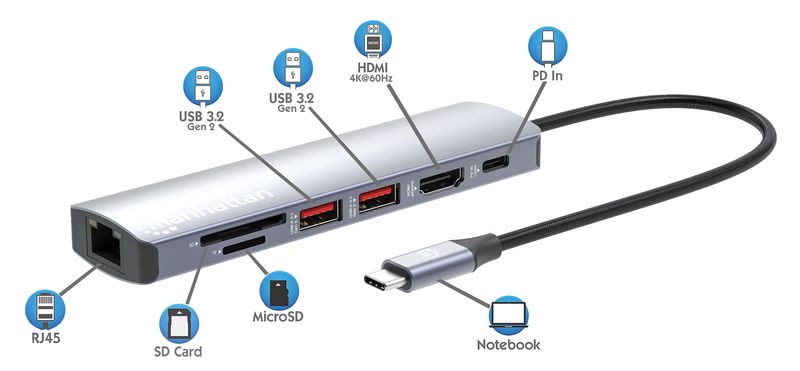 Manhattan-153966-replicatore-di-porte-e-docking-station-per-laptop-Cablato-USB-3.2-Gen-2--3.1-Gen-2--Type-C-Argento