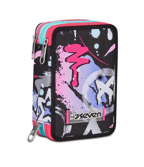 Seven-Astuccio-Scuola-3-Zip-Nero-Viola-Fucsia-Mark-On-Girl