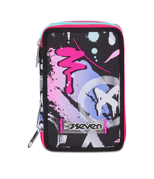 Seven-Astuccio-Scuola-3-Zip-Nero-Viola-Fucsia-Mark-On-Girl