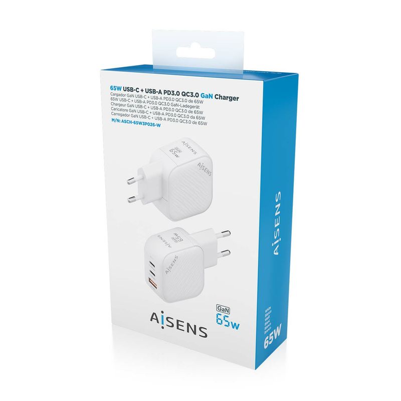 AISENS-ASCH-65W3P026-W-Caricabatterie-per-dispositivi-mobili-Universale-Bianco-AC-Ricarica-rapida-Interno