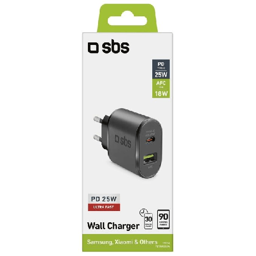 SBS-TETRPD25W-Caricabatterie-per-dispositivi-mobili-Smartphone-Tablet-Nero-AC-Ricarica-rapida-Interno