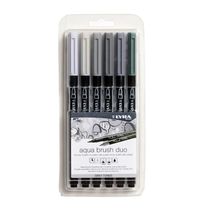 Lyra-Aqua-Brush-Duo-Pack-6-Pennarelli-a-doppia-estremita---Linee-1-5-e-1-mm---Inchiostro-a-base-acqua---Colori-Toni-di-grigio