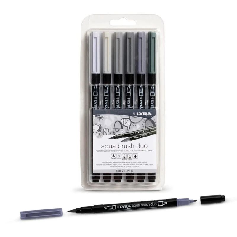 Lyra-Aqua-Brush-Duo-Pack-6-Pennarelli-a-doppia-estremita---Linee-1-5-e-1-mm---Inchiostro-a-base-acqua---Colori-Toni-di-grigio