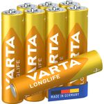 Varta Longlife, Batteria Alcalina, AAA, Micro, LR03, 1.5V, Blister da 8, Made in Germany