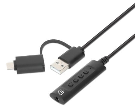 Manhattan-153560-splitter-audio-Nero--USB-C---USB-A-TO-3.5MM-AUDIO----1M-VOL-MUTE-CONTROL-BLACK-