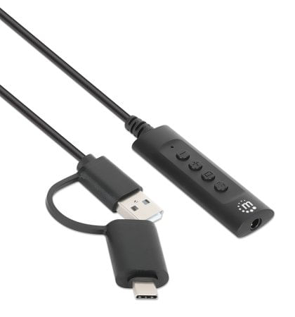 Manhattan-153560-splitter-audio-Nero--USB-C---USB-A-TO-3.5MM-AUDIO----1M-VOL-MUTE-CONTROL-BLACK-