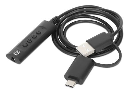 Manhattan-153560-splitter-audio-Nero--USB-C---USB-A-TO-3.5MM-AUDIO----1M-VOL-MUTE-CONTROL-BLACK-