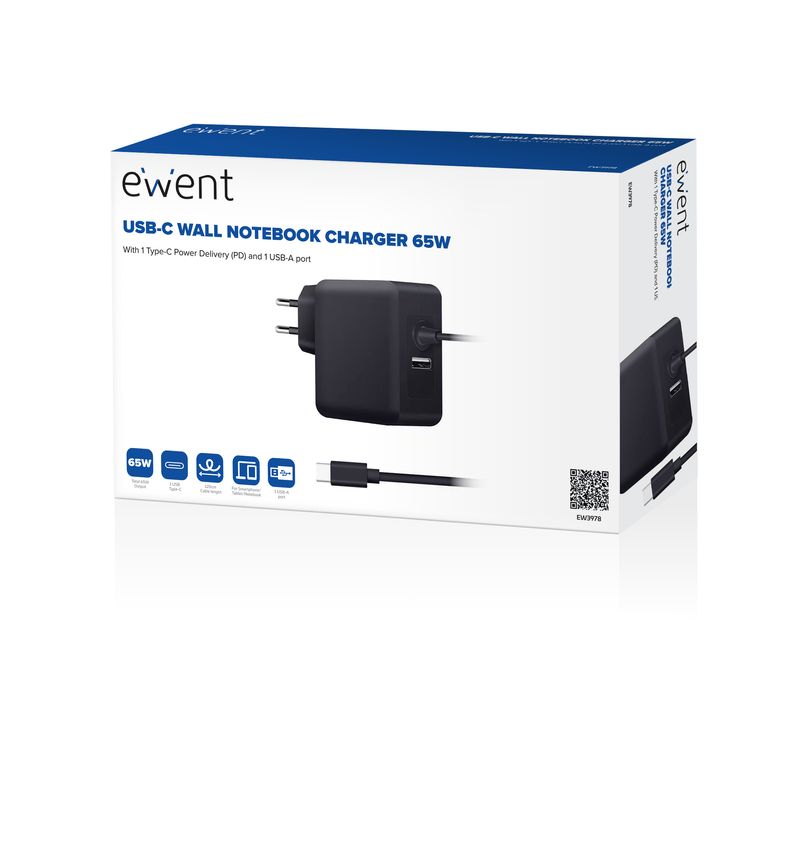 EWENT-CARICATORE-DA-RETE-ELETTRICA-USB-TYPE-C-CON-USB-A-AGGIUNTIVA-65W-EW3978