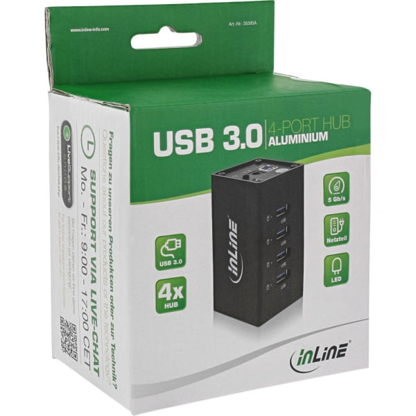 Hub-USB-3.0---4-porte---custodia-in-alluminio---nero---con-alimentatore-da-25A