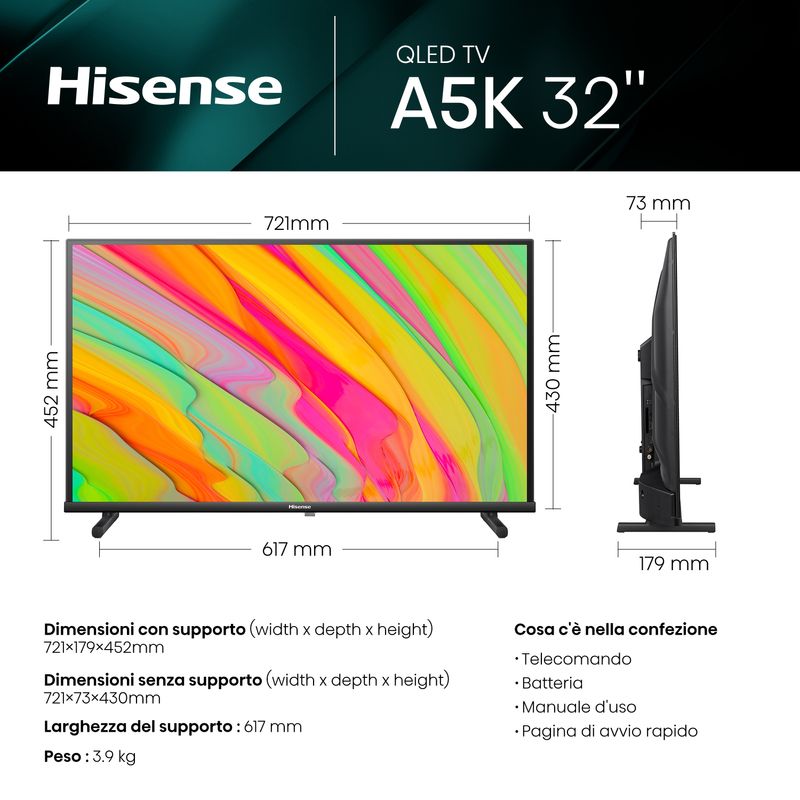 Hisense-TV-QLED-FHD-32”-32A5KQ-Smart-TV-Wifi-Quantum-Dot-Colour-USB-Type-C-Stand-Reclinabile