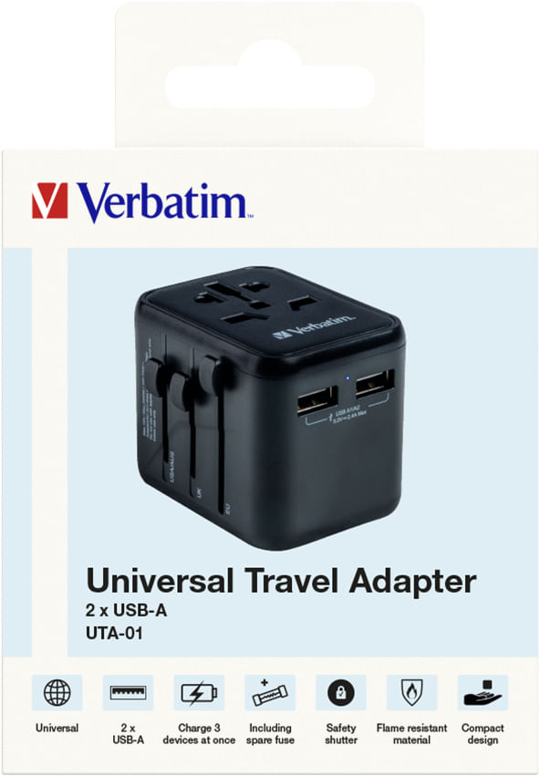 Verbatim-49543-Caricabatterie-per-dispositivi-mobili-Nero--VERBATIM-Universal-Travel-Adapter-UTA-01-with-2xUSB-Charger-