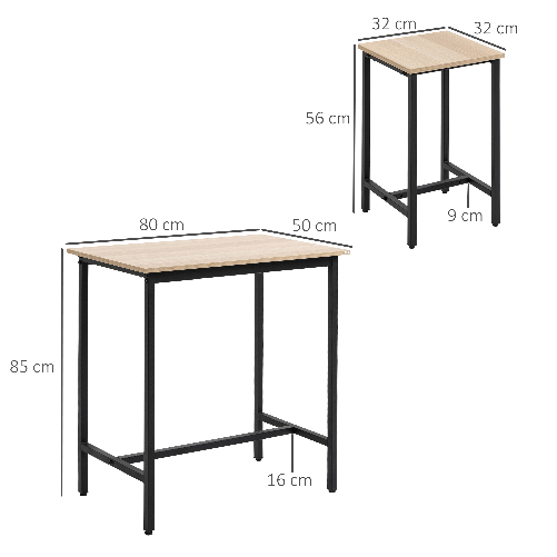 HOMCOM-Set-Tavolo-con-2-Sgabelli-da-Cucina-Stile-Industriale-in-Legno-e-Acciaio-Colore-Naturale-e-Nero