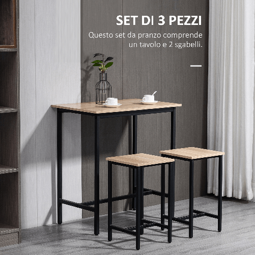 HOMCOM-Set-Tavolo-con-2-Sgabelli-da-Cucina-Stile-Industriale-in-Legno-e-Acciaio-Colore-Naturale-e-Nero