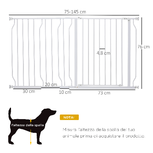 PawHut-Cancelletto-di-Sicurezza-per-Cani-in-Acciaio-e-ABS-Estensibile-75-145cm-per-Scale-e-Porte-Bianco