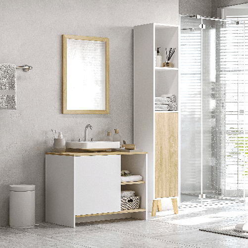 kleankin-Mobile-Bagno-Sottolavabo-con-Armadietto-e-2-Mensole-in-Legno-Truciolare-77-x-45-x-60cm-Bianco-e-Color-Legno