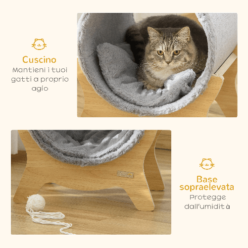 PawHut-Cuccia-per-Gatti-con-Tiragraffi-e-Cuscino-Imbottito-Casetta-per-Gatti-a-Tunnel-41x40x47cm-Grigio