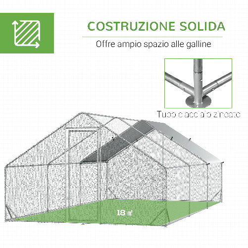 PawHut-Pollaio-da-Giardino-con-Telaio-Zincato-Copertura-Impermeabile-e-Rete-Esagonale-3x6x2m-Argento