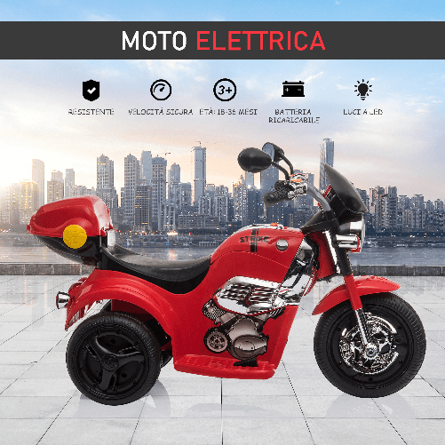 HOMCOM-Moto-Elettrica-per-Bambini-18-36-mesi-con-Luci-Suoni-e-3-Ruote-Stabili-Rossa