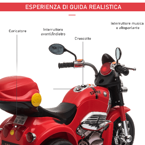 HOMCOM-Moto-Elettrica-per-Bambini-18-36-mesi-con-Luci-Suoni-e-3-Ruote-Stabili-Rossa