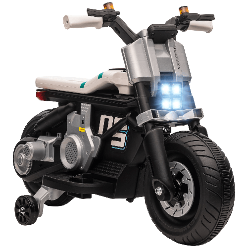 HOMCOM-Moto-Elettrica-per-Bambini-3-5-Anni-in-PP-e-Metallo-con-Rotelle-Clacson-e-Musica-86x44x58-cm-Bianca-e-Nera