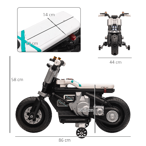 HOMCOM-Moto-Elettrica-per-Bambini-3-5-Anni-in-PP-e-Metallo-con-Rotelle-Clacson-e-Musica-86x44x58-cm-Bianca-e-Nera