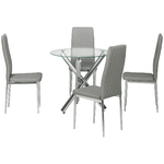 HOMCOM Set da Pranzo con Tavolo Rotondo in Vetro e 4 Sedie in Similpelle PU, Grigio