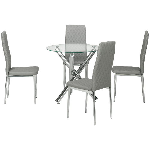 HOMCOM-Set-da-Pranzo-con-Tavolo-Rotondo-in-Vetro-e-4-Sedie-in-Similpelle-PU-Grigio