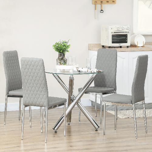 HOMCOM-Set-da-Pranzo-con-Tavolo-Rotondo-in-Vetro-e-4-Sedie-in-Similpelle-PU-Grigio