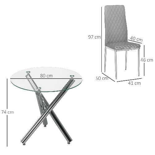 HOMCOM-Set-da-Pranzo-con-Tavolo-Rotondo-in-Vetro-e-4-Sedie-in-Similpelle-PU-Grigio