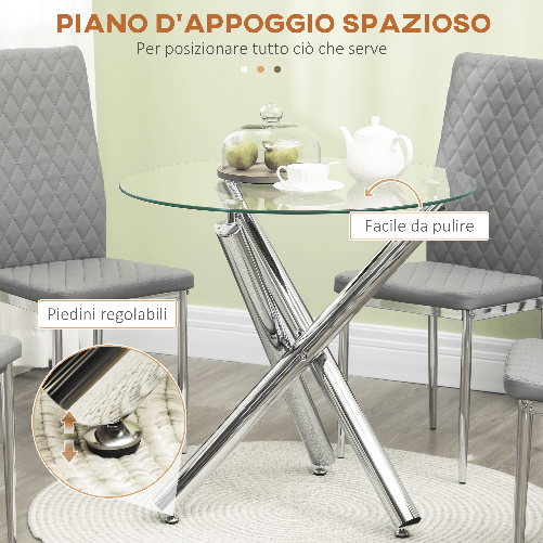 HOMCOM-Set-da-Pranzo-con-Tavolo-Rotondo-in-Vetro-e-4-Sedie-in-Similpelle-PU-Grigio