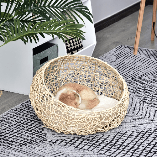 PawHut-Cuccia-per-Gatti-e-Animali-Domestici-Cesta-in-Rattan-Beige-con-Cuscino-in-Cotone--Ф56-x-35-A-cm-