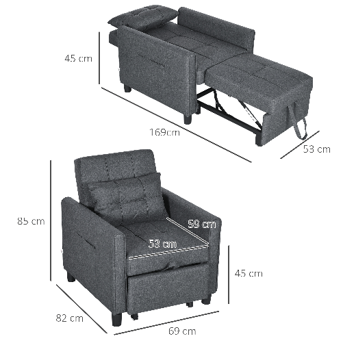 HOMCOM-Poltrona-Letto-Singolo-Reclinabile-su-3-Livelli-con-Cuscino-Extra-69x82x85cm-Grigio